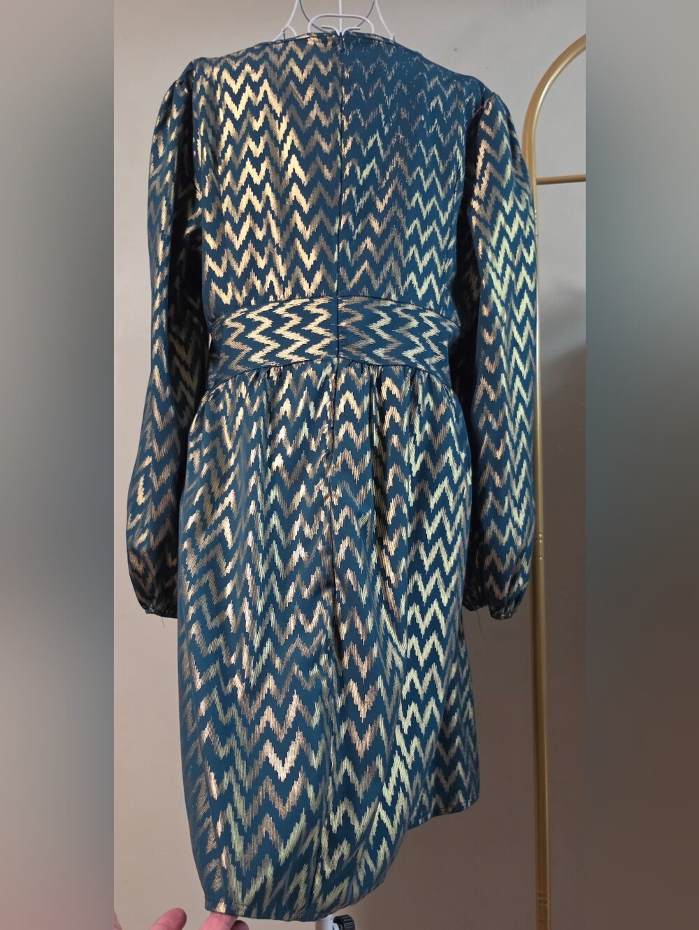 A Classy Chic Boutique Green and Gold Zigzag V-Neck Long Sleeve Dress - Picture 3 of 5